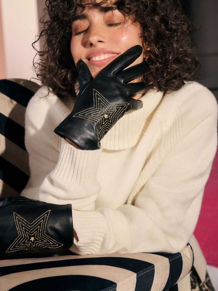 Rockett St George Black Star Leather Gloves - Image 1 of 3