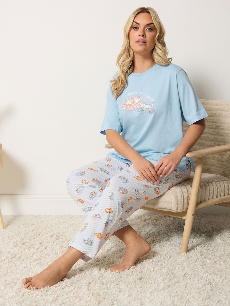 Yours Curve Blue Cat Print Sleep T-Shirt & Wide Leg Bottoms Pyjamas Set - Image 1 of 5 Yours Curve Blue Cat Print Sleep T-Shirt & Wide Leg Bottoms Pyjamas Set - Image 1 of 5