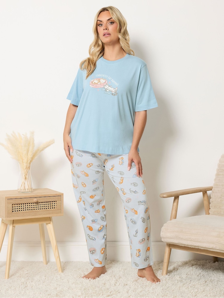 Yours Curve Blue Cat Print Sleep T-Shirt & Wide Leg Bottoms Pyjamas Set - Image 2 of 5 Yours Curve Blue Cat Print Sleep T-Shirt & Wide Leg Bottoms Pyjamas Set - Image 2 of 5
