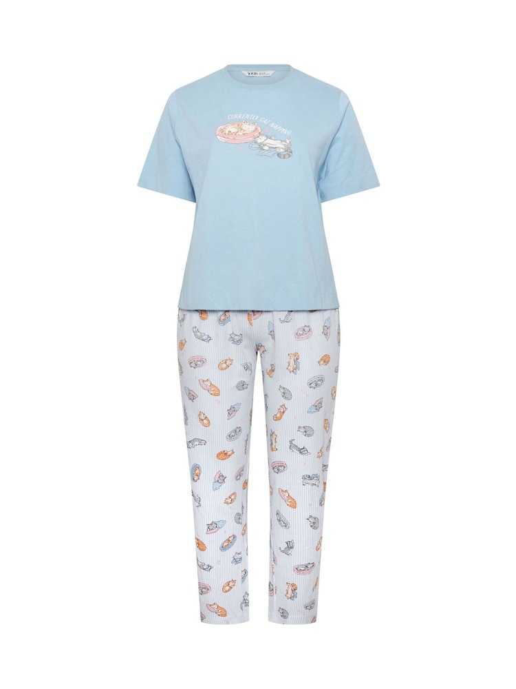 Yours Curve Blue Cat Print Sleep T-Shirt & Wide Leg Bottoms Pyjamas Set - Image 5 of 5 Yours Curve Blue Cat Print Sleep T-Shirt & Wide Leg Bottoms Pyjamas Set - Image 5 of 5