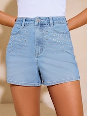 Lipsy Blue Diamante Denim Mom Shorts - Image 1 of 4