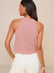 Lipsy Pink Metallic Crochet Halter Top - Image 2 of 4