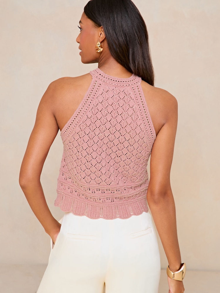 Lipsy Pink Metallic Crochet Halter Top - Image 2 of 4