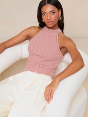 Lipsy Pink Metallic Crochet Halter Top - Image 4 of 4