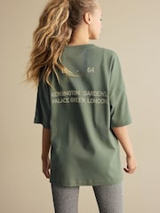 Olive Green Longline Oversized London Back Graphic Slogan 100% Cotton T-Shirt - Image 1 of 9