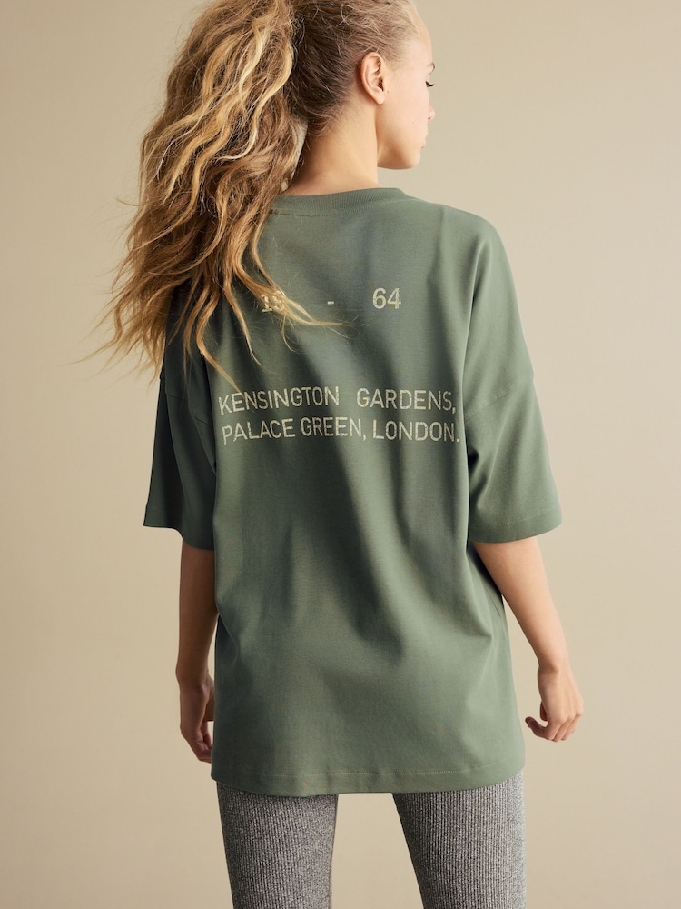 Olive Green Longline Oversized London Back Graphic Slogan 100% Cotton T-Shirt - Image 1 of 9