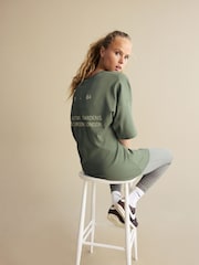 Olive Green Longline Oversized London Back Graphic Slogan 100% Cotton T-Shirt - Image 2 of 9
