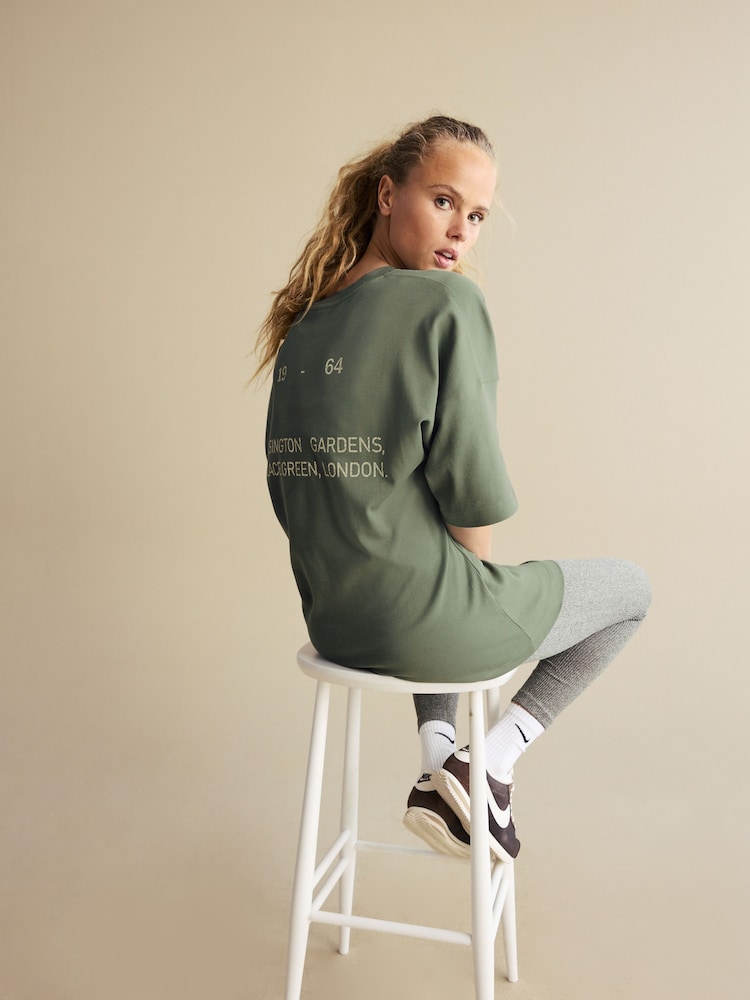 Olive Green Longline Oversized London Back Graphic Slogan 100% Cotton T-Shirt - Image 2 of 9