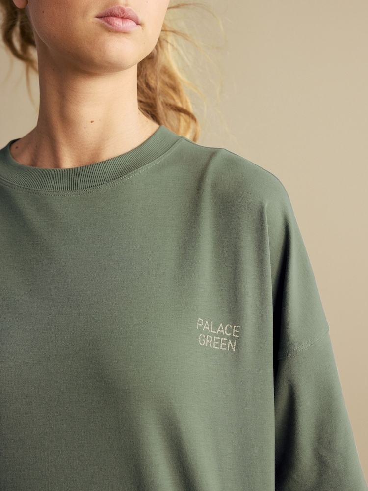 Olive Green Longline Oversized London Back Graphic Slogan 100% Cotton T-Shirt - Image 4 of 9