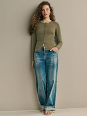 Olivno zelena - Mehka na dotik rebrasta pletena jopa s TENCEL™ Lyocell - Slika 2 iz 6