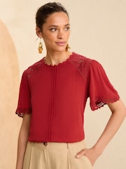 Love & Roses Red Crochet Detail Flutter Sleeve Blouse - Image 1 of 4