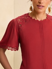 Love & Roses Red Crochet Detail Flutter Sleeve Blouse - Image 2 of 4
