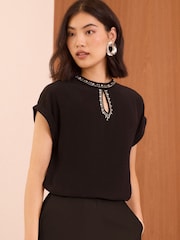 Love & Roses Black Beaded Roll Sleeve T-Shirt - Image 1 of 4