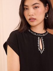 Love & Roses Black Beaded Roll Sleeve T-Shirt - Image 2 of 4