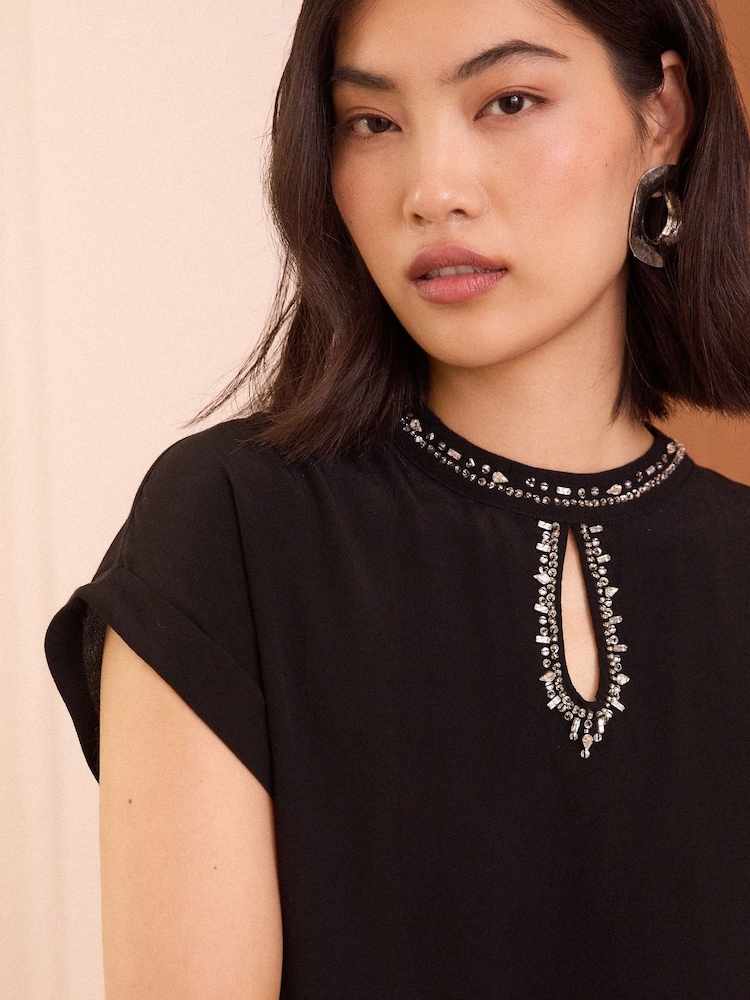 Love & Roses Black Beaded Roll Sleeve T-Shirt - Image 2 of 4