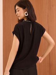 Love & Roses Black Beaded Roll Sleeve T-Shirt - Image 4 of 4