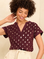 Love & Roses Red Dash Foil Jersey V Neck Woven Trim Short Sleeve T-Shirt - Image 1 of 4