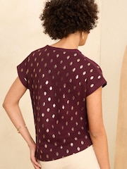 Love & Roses Red Dash Foil Jersey V Neck Woven Trim Short Sleeve T-Shirt - Image 3 of 4