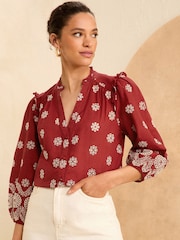 Love & Roses Rust Orange Broderie Embroidered V Neck 3/4 Sleeve Blouse - Image 1 of 4