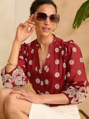 Love & Roses Rust Orange Broderie Embroidered V Neck 3/4 Sleeve Blouse - Image 3 of 4