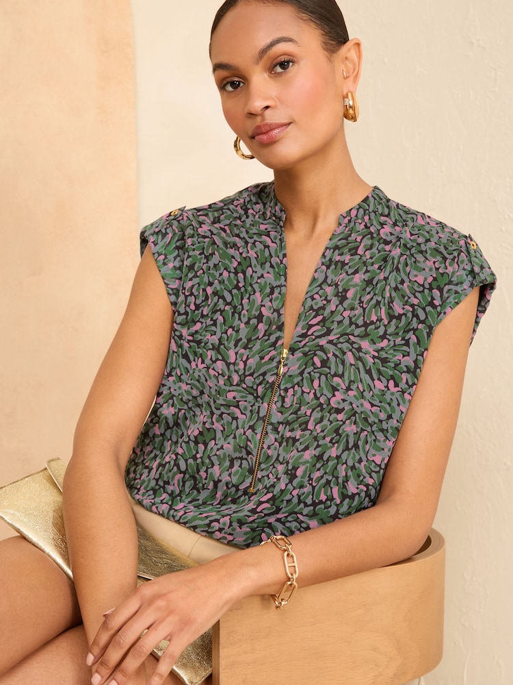 Love & Roses Khaki Green Animal Roll Sleeve Zip Top - Image 1 of 4