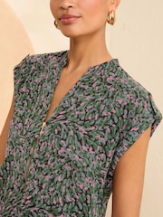 Love & Roses Khaki Green Animal Roll Sleeve Zip Top - Image 2 of 4