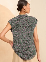 Love & Roses Khaki Green Animal Roll Sleeve Zip Top - Image 3 of 4