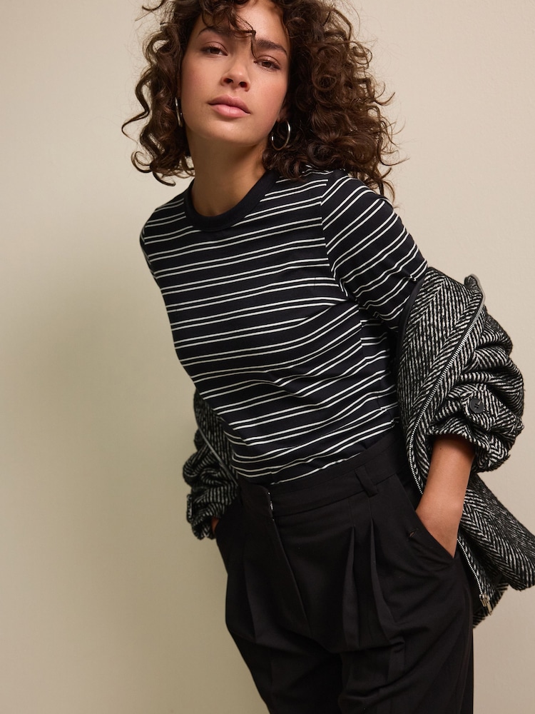 Black/White Essential Long Sleeve Crew Neck 100% Cotton T-Shirt - Image 1 of 6