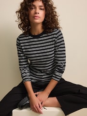 Black/White Essential Long Sleeve Crew Neck 100% Cotton T-Shirt - Image 2 of 6