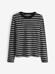 Black/White Essential Long Sleeve Crew Neck 100% Cotton T-Shirt - Image 5 of 6