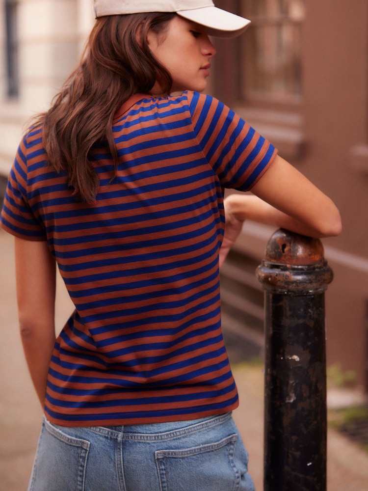 Bleu/Orange Rust Rayure - T-shirt Essential Pure Cotton Manchester Courts Col rond - Image 3 of 6