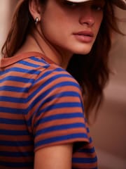Blue/Orange Rust Stripe Essential Pure Cotton Short Sleeve Crew Neck T-Shirt - Image 4 of 6