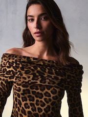 Leopard Print Ribbed Bardot Long Sleeve Top - Image 1 of 7