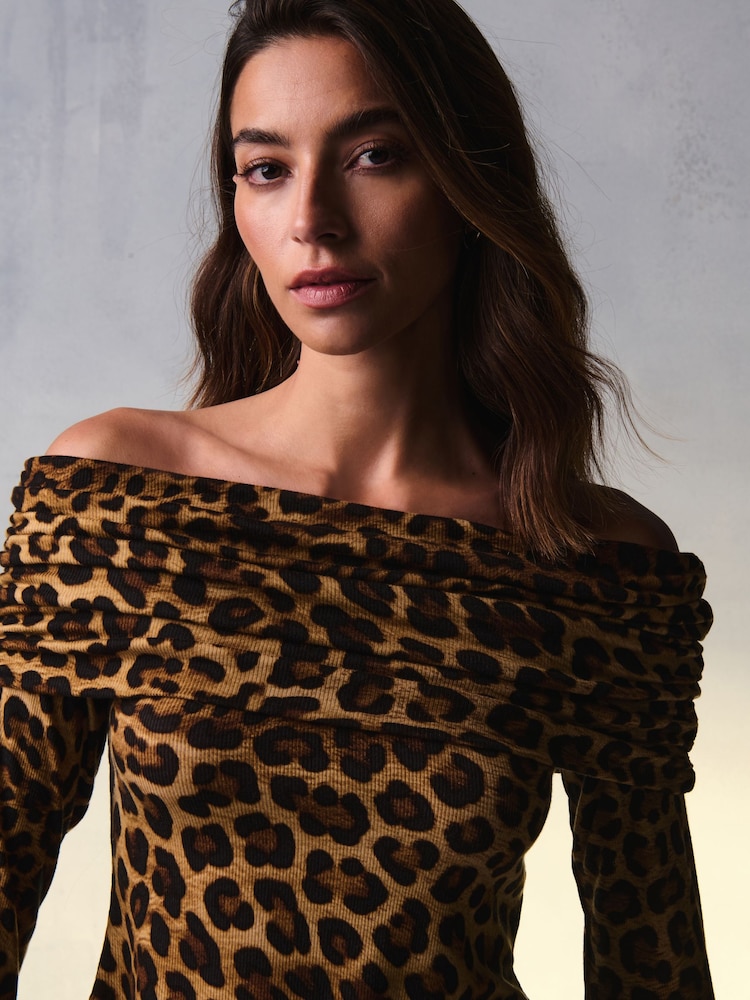Leopard Print Ribbed Bardot Long Sleeve Top - Image 1 of 7