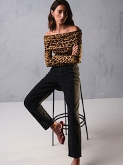 Leopard Print Ribbed Bardot Long Sleeve Top - Image 2 of 7