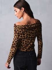 Leopard Print Ribbed Bardot Long Sleeve Top - Image 4 of 7