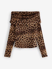 Leopard Print Ribbed Bardot Long Sleeve Top - Image 6 of 7