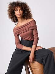 Rust Brown Ribbed Bardot Long Sleeve Top - Image 1 of 6