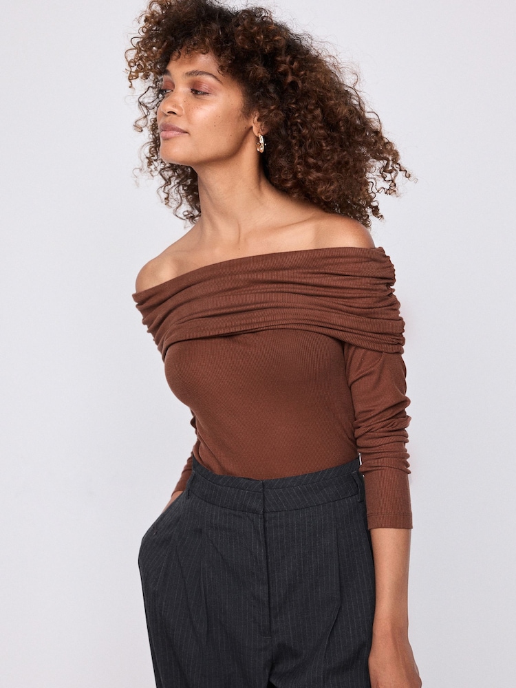 Rust Brown Ribbed Bardot Long Sleeve Top - Image 2 of 6