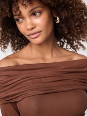 Rust Brown Ribbed Bardot Long Sleeve Top - Image 3 of 6