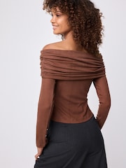 Rust Brown Ribbed Bardot Long Sleeve Top - Image 4 of 6