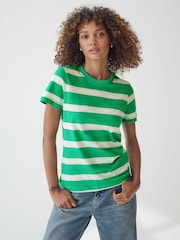 Striped Green/Ecru Short Sleeve Crew Neck 100% Cotton T-Shirt - Image 2 of 7