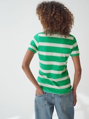 Striped Green/Ecru Short Sleeve Crew Neck 100% Cotton T-Shirt - Image 3 of 7