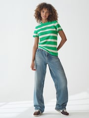 Striped Green/Ecru Short Sleeve Crew Neck 100% Cotton T-Shirt - Image 4 of 7