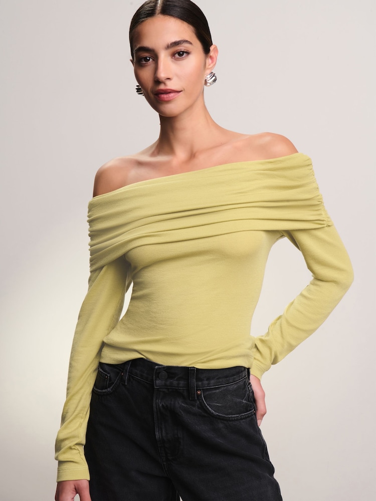 Lime Green Ribbed Bardot Long Sleeve Top - Image 1 of 7