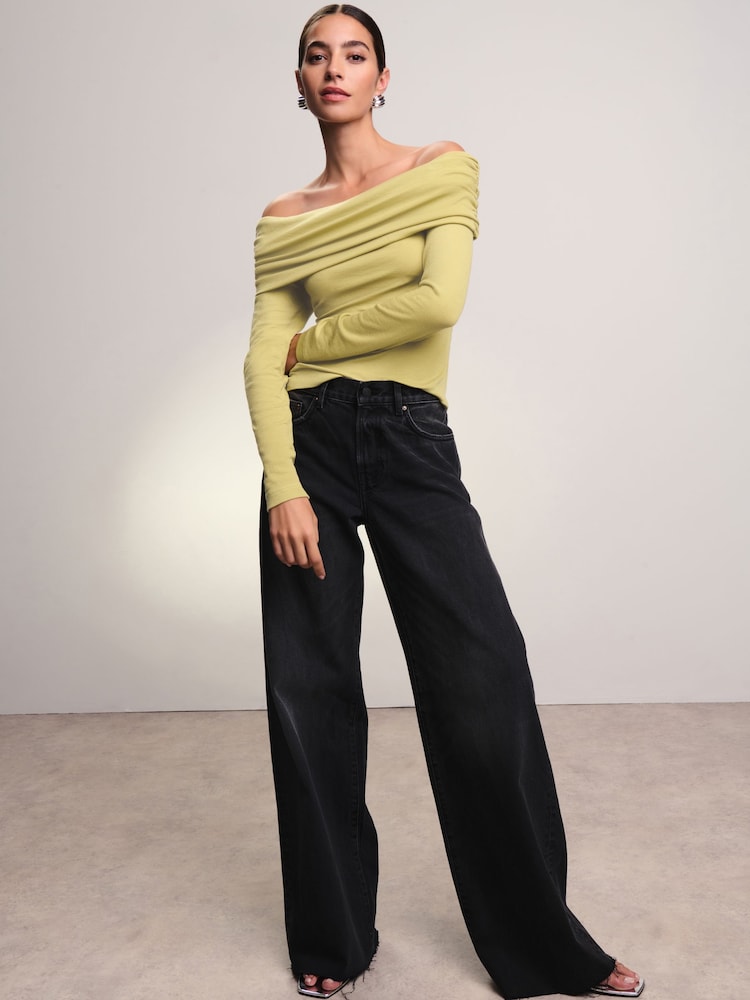 Lime Green Ribbed Bardot Long Sleeve Top - Image 2 of 7