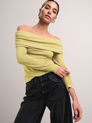 Lime Green Ribbed Bardot Long Sleeve Top - Image 4 of 7