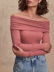 Pink Ribbed Bardot Long Sleeve Top - Image 4 of 5