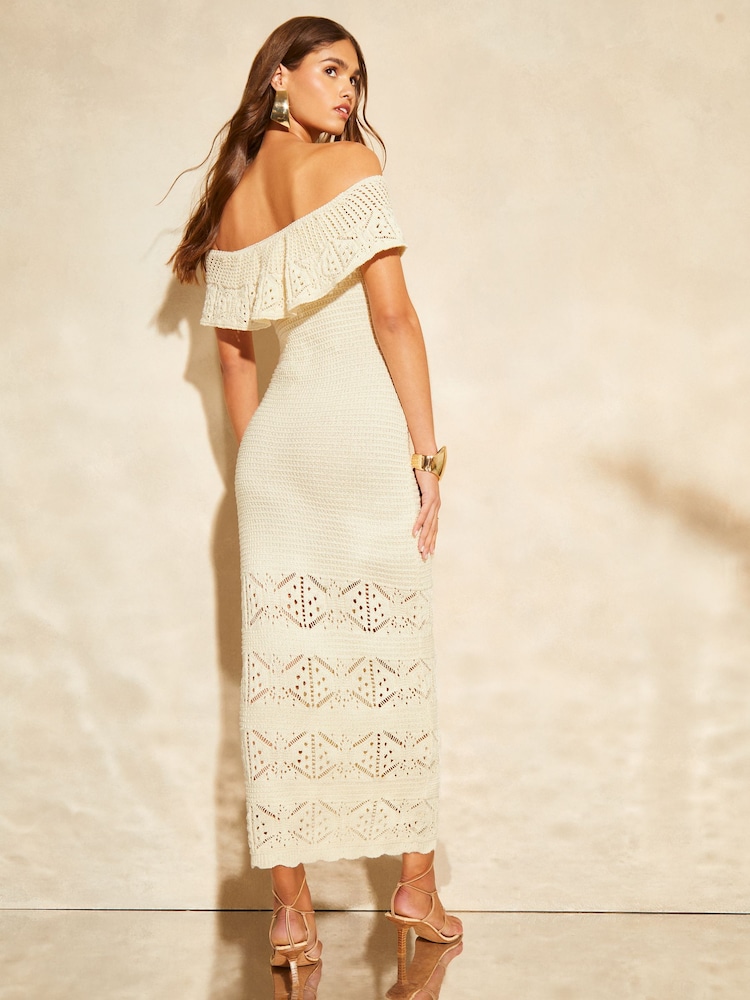 Lipsy Cream Bardot Crochet Knit Maxi Dress - Image 4 of 5