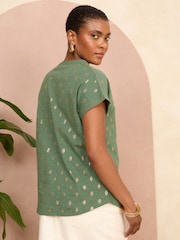 Love & Roses Khaki Foil Dash Jersey V Neck Woven Trim Short Sleeve T-Shirt - Image 2 of 4